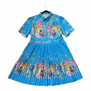 VERWIN Lapel 3/4 Sleeve Knee Length Pleated Floral Women's Sheath Dress - XXL